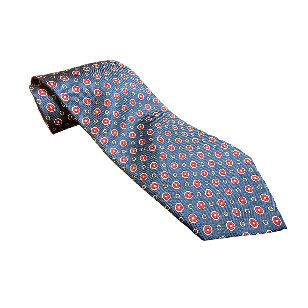 Bijoux Terner Mens Silk Necktie Navy Blue Red Geometric Medallion Pattern Tie